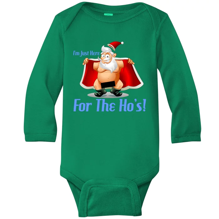 Funny Santa Nude Censored Just Here For The Ho's Baby Long Sleeve Bodysuit