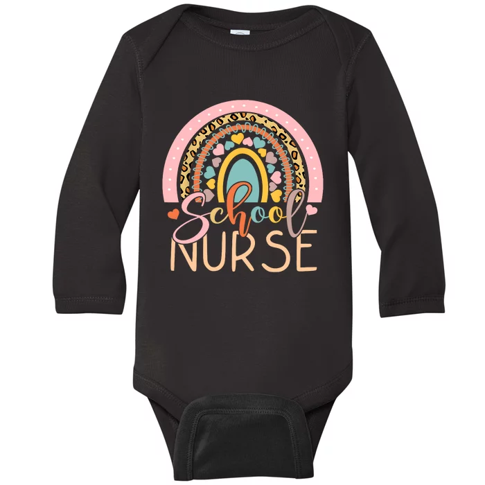 Funny School Nurse Rainbow Leopard Nurse Back To School Baby Long Sleeve Bodysuit