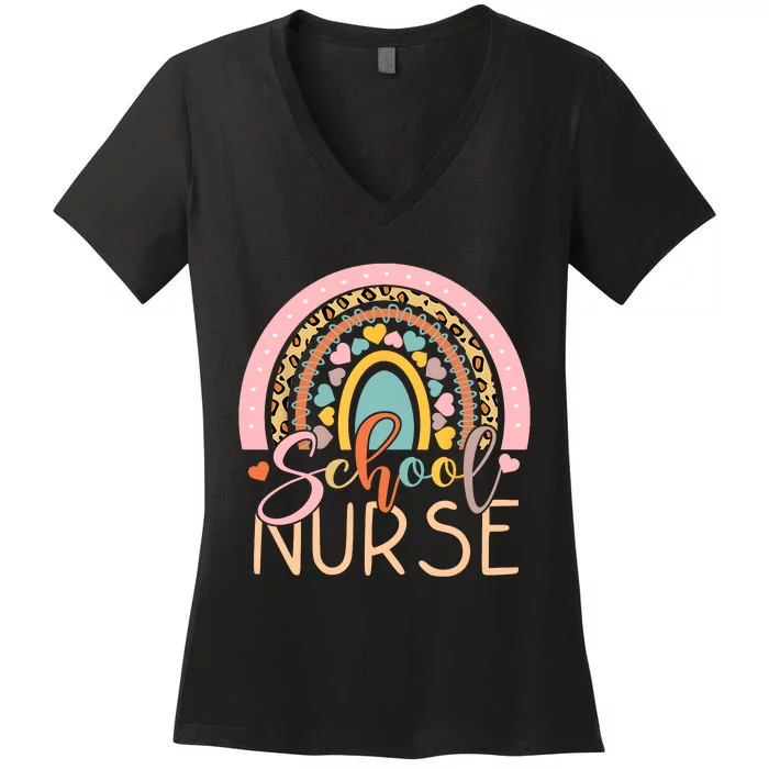 Funny School Nurse Rainbow Leopard Nurse Back To School Women's V-Neck T-Shirt