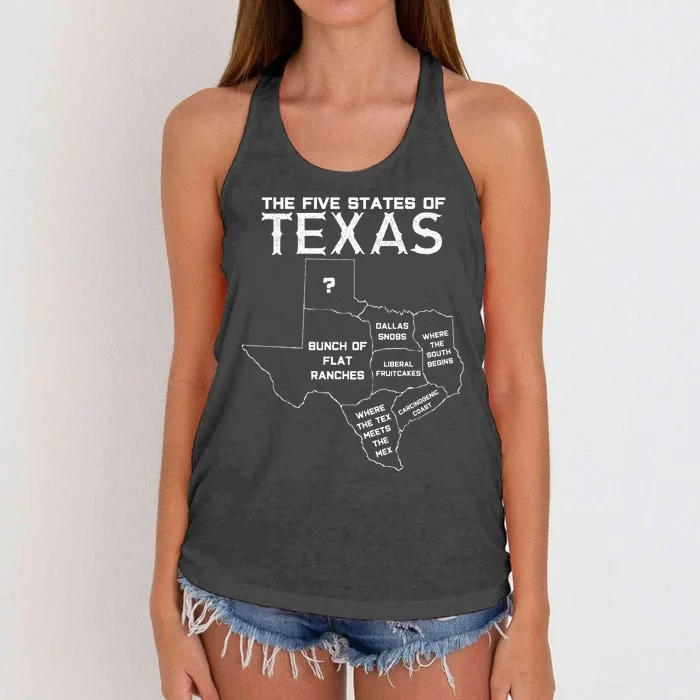 Five States Of Texas Funny Maps Of Dallas Houston Austin Women's Knotted Racerback Tank