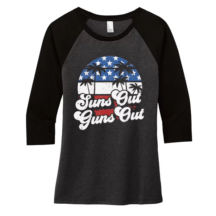 Funny Suns Out Guns Out 4th of July USA American Flag Beach Women's Tri-Blend 3/4-Sleeve Raglan Shirt