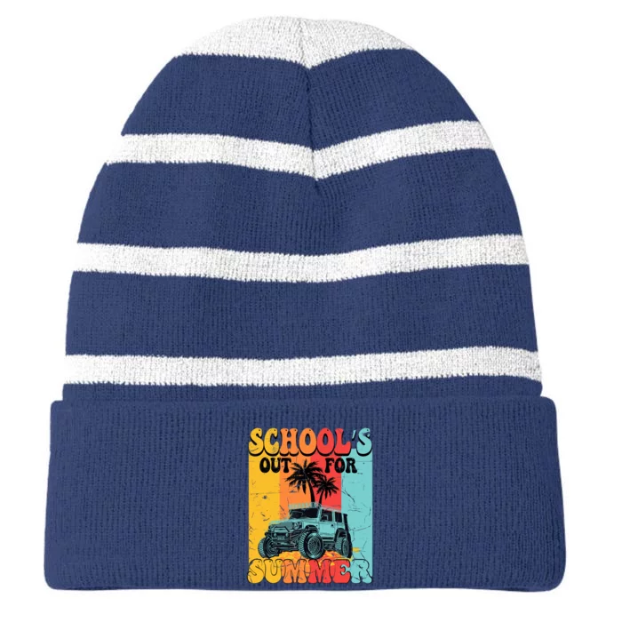 Funny School's Out For Summer Teacher Summer Vacation Groovy Striped Beanie with Solid Band