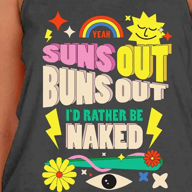 Funny SUNS OUT BUNS OUT Nude Naked Naturist Nudist Women's Knotted Racerback Tank