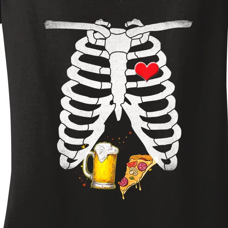 Funny Skeleton Pregnancy Pizza Beer Xray Halloween Soon Dad Gift Women's V-Neck T-Shirt