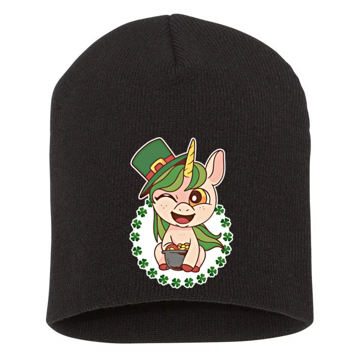 Funny St Patricks Day Irish Unicorn With Hat Gift Short Acrylic Beanie