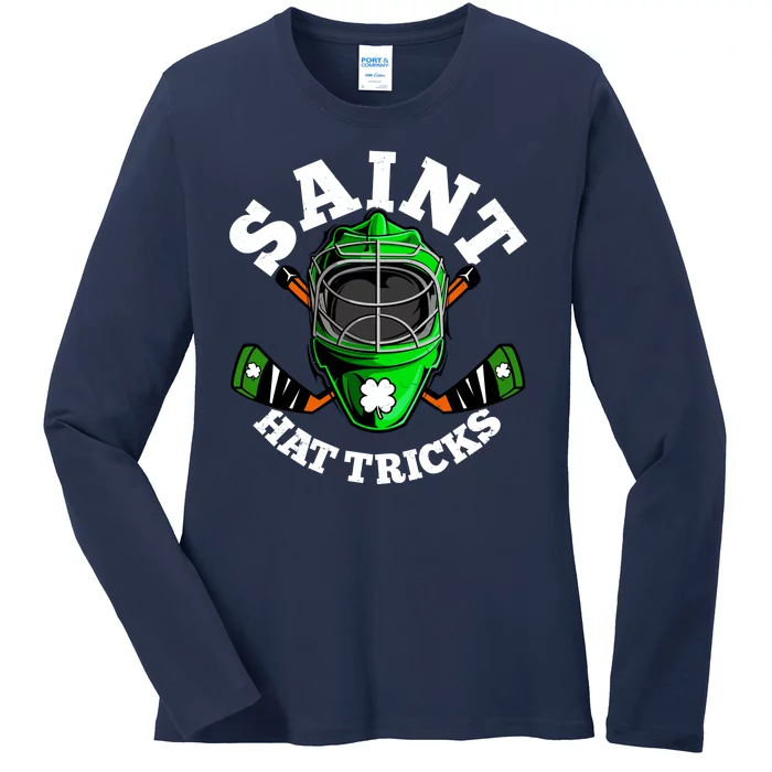 Funny St Patrick's Day Saint Hat Tricks Hockey Player Fan Ladies Long Sleeve Shirt