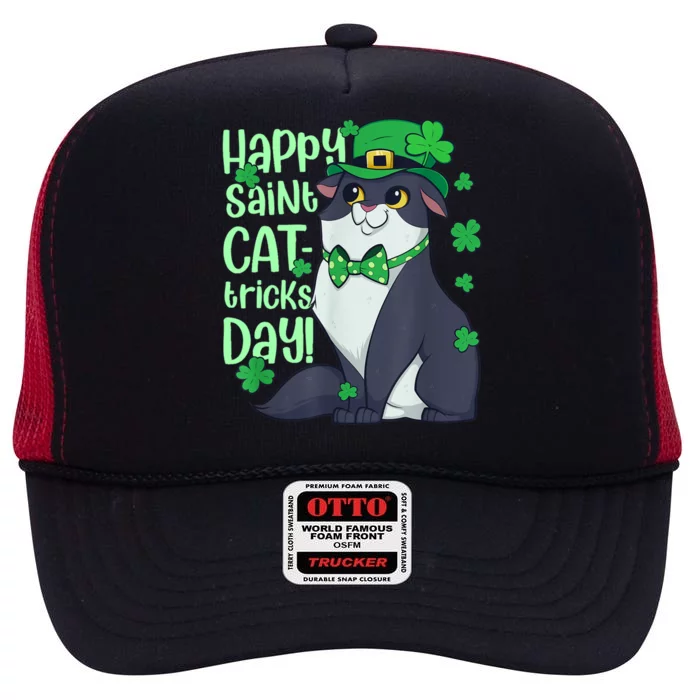 Funny St Patrick's Day Happy St Cat Tricks Day High Crown Mesh Trucker Hat