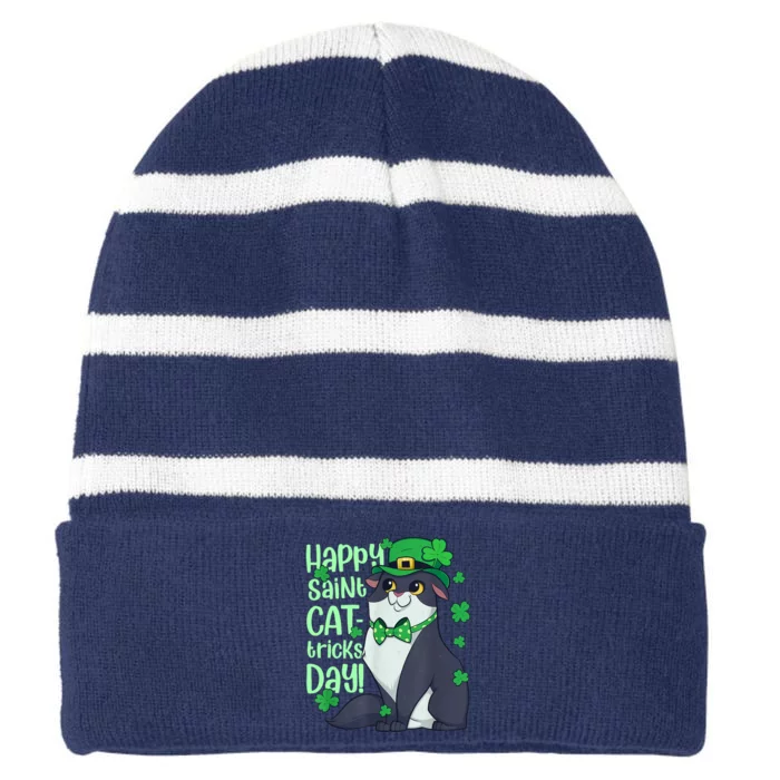 Funny St Patrick's Day Happy St Cat Tricks Day Striped Beanie with Solid Band