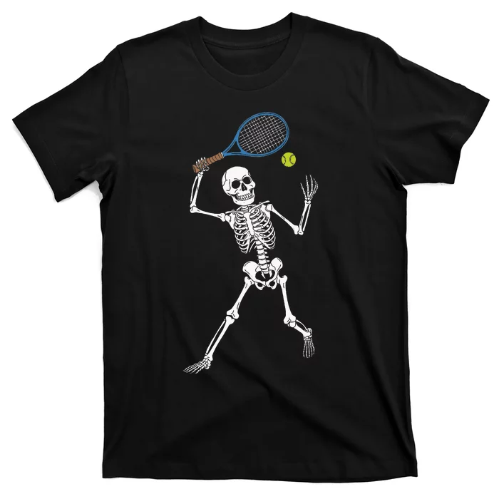 Funny Skeleton Playing Tennis Lovers Spooky Halloween Player T-Shirt