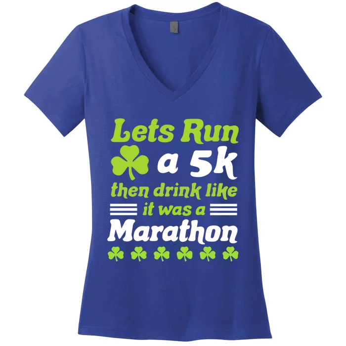 Funny St Patricks Day Running Let's Run 5k St Patricks Day Gift Women's V-Neck T-Shirt