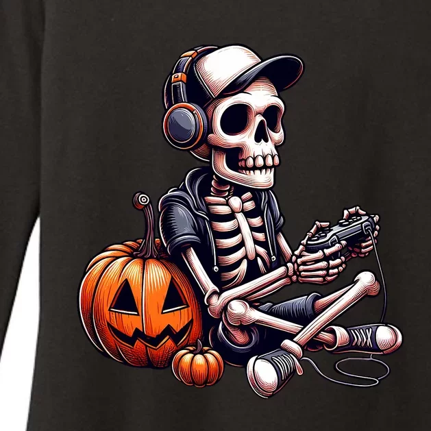 Funny Skeleton Playing Video Game Halloween Gamer Womens CVC Long Sleeve Shirt