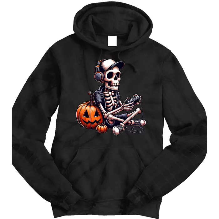 Funny Skeleton Playing Video Game Halloween Gamer Tie Dye Hoodie