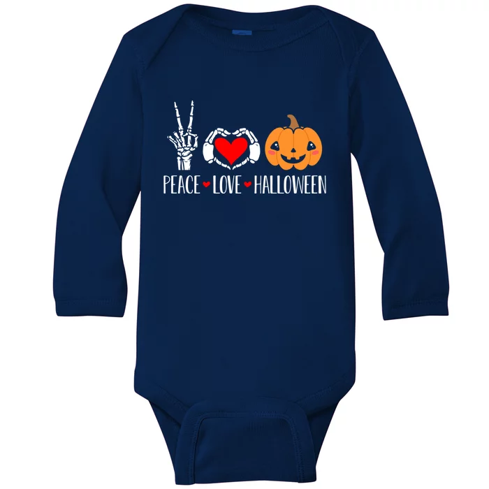 Funny Skeleton Pumpkin Peace Love Halloween Cool Gift Baby Long Sleeve Bodysuit