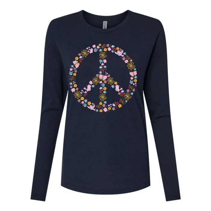 Floral Spring Peace Sign Womens Cotton Relaxed Long Sleeve T-Shirt