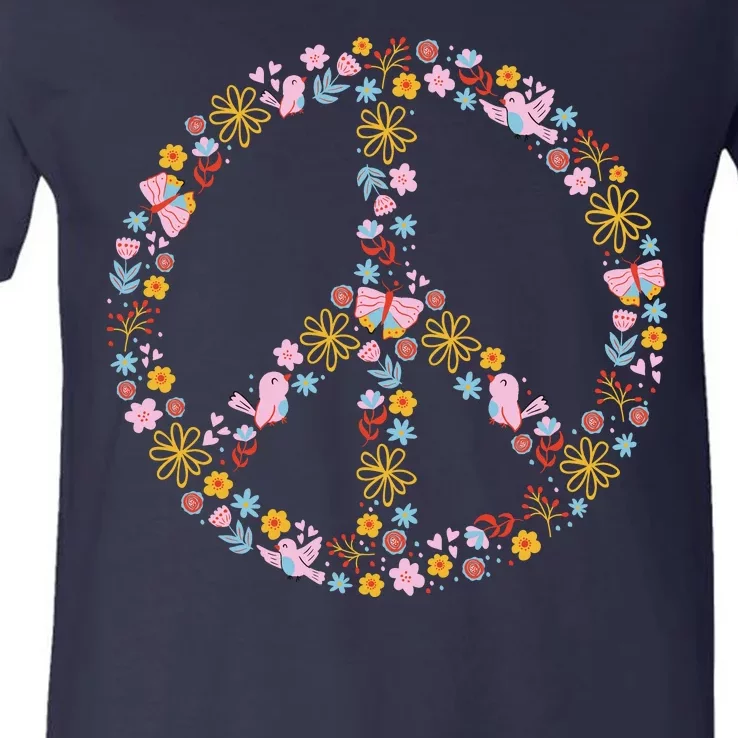 Floral Spring Peace Sign V-Neck T-Shirt