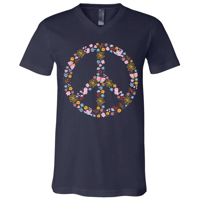 Floral Spring Peace Sign V-Neck T-Shirt