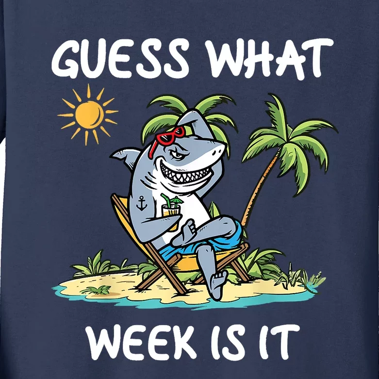 Funny Shark Party Beach Guess What Week Is It Lover Shark Kids Long Sleeve Shirt