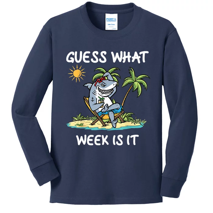 Funny Shark Party Beach Guess What Week Is It Lover Shark Kids Long Sleeve Shirt