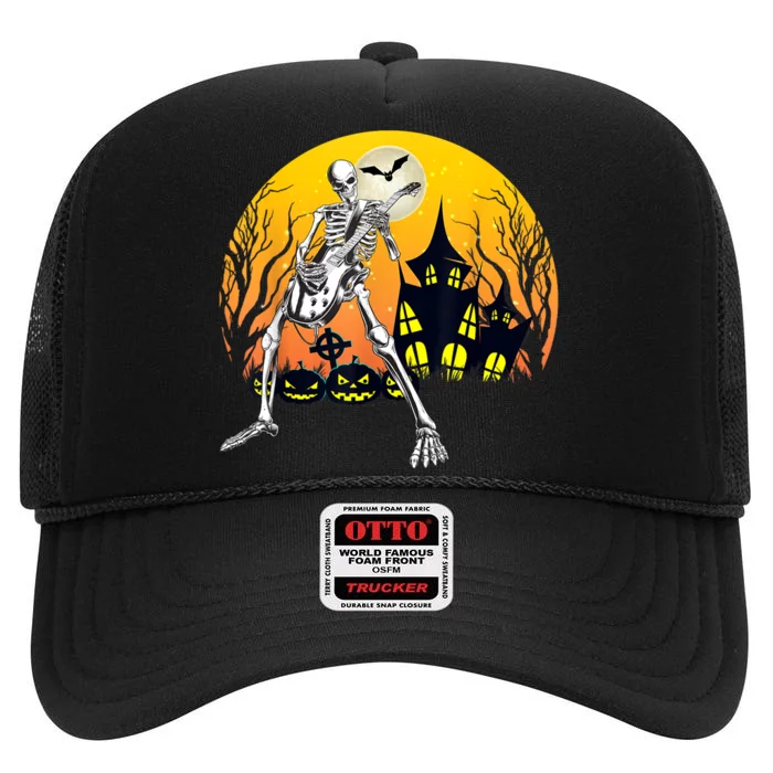 Funny Skeleton Playing Guitar Pumpkin Happy Halloween Vibes High Crown Mesh Trucker Hat