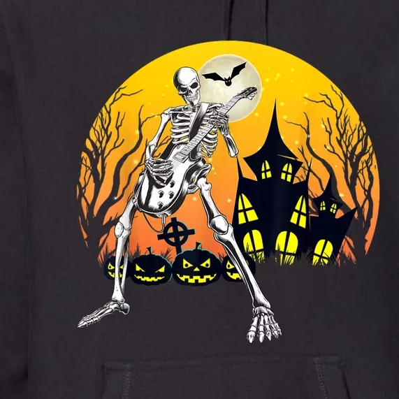 Funny Skeleton Playing Guitar Pumpkin Happy Halloween Vibes Premium Hoodie