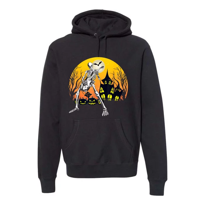 Funny Skeleton Playing Guitar Pumpkin Happy Halloween Vibes Premium Hoodie