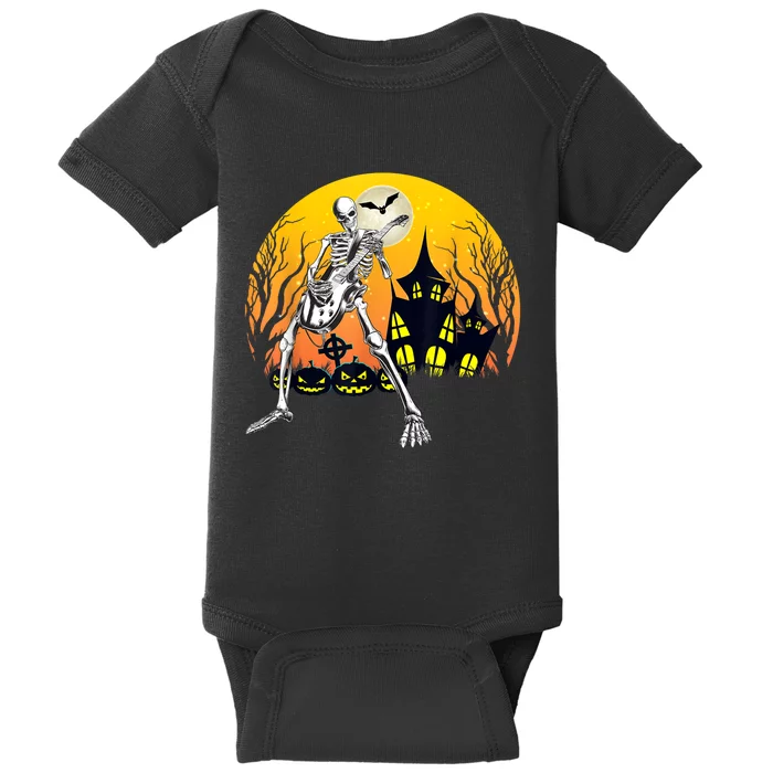 Funny Skeleton Playing Guitar Pumpkin Happy Halloween Vibes Baby Bodysuit