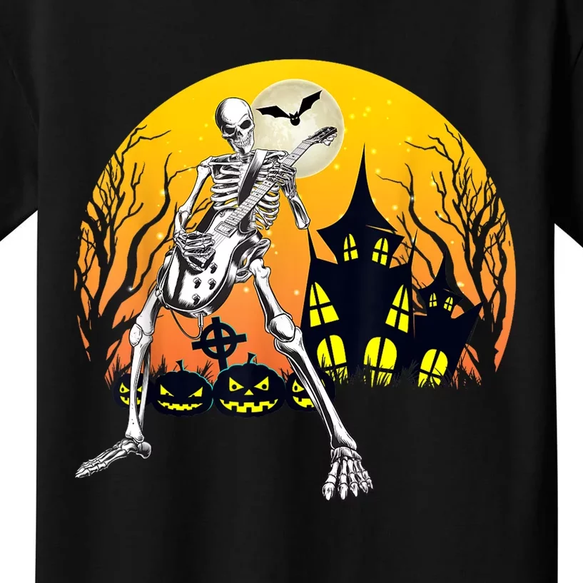 Funny Skeleton Playing Guitar Pumpkin Happy Halloween Vibes Kids T-Shirt