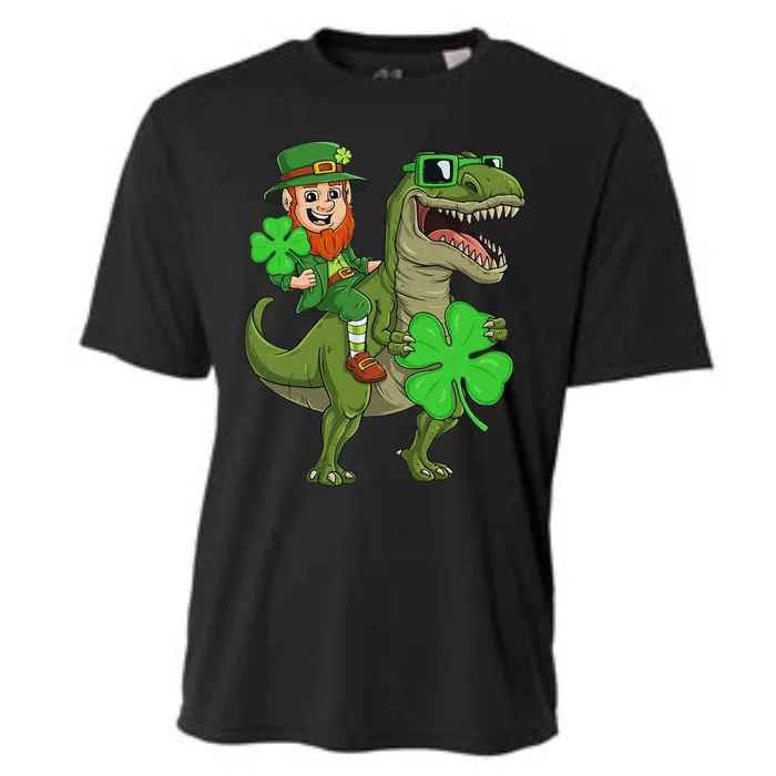 Funny St Patricks Day Leprechaun Riding T Rex Dino Cooling Performance Crew T-Shirt