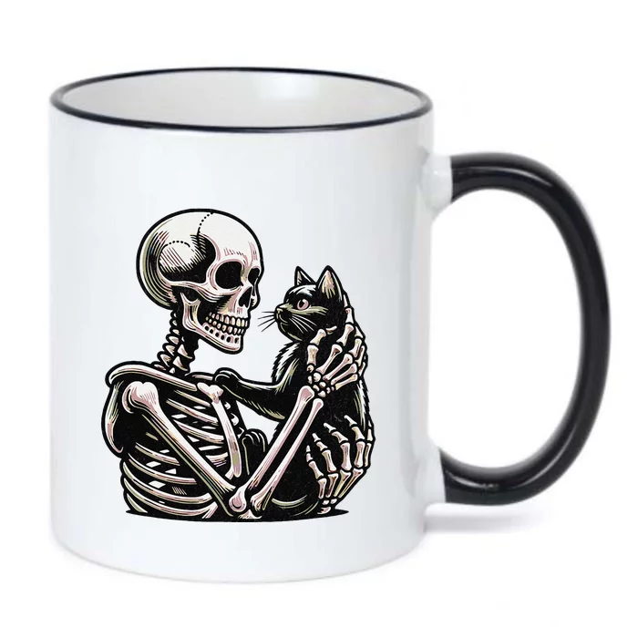 Funny Skeleton Playing With A Cat Graphic Skull Cat Black Color Changing Mug