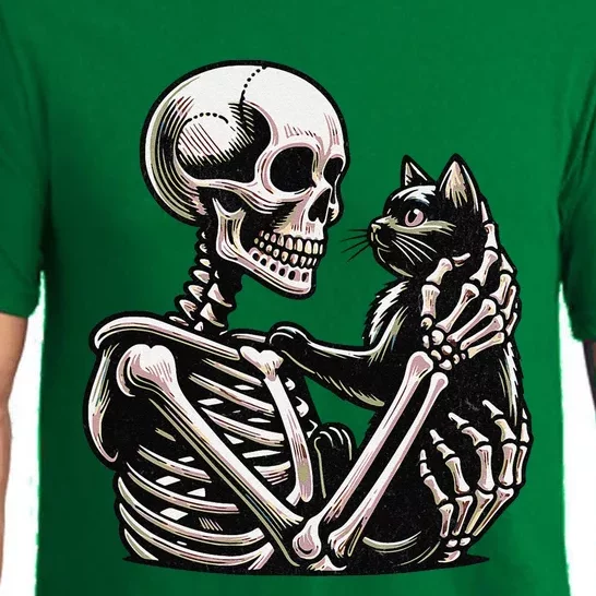 Funny Skeleton Playing With A Cat Graphic Skull Cat Pajama Set