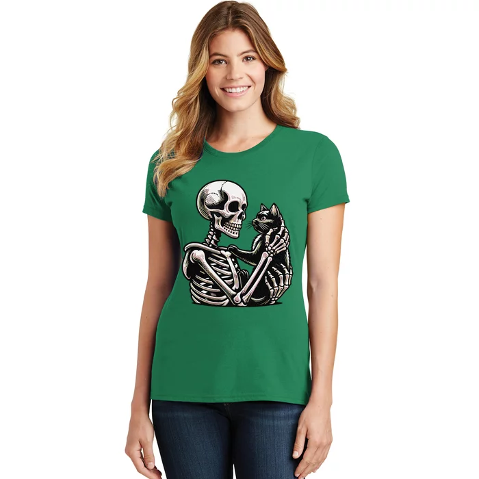 Funny Skeleton Playing With A Cat Graphic Skull Cat Women's T-Shirt