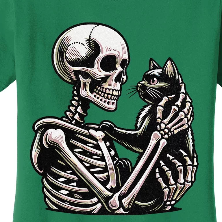 Funny Skeleton Playing With A Cat Graphic Skull Cat Women's T-Shirt