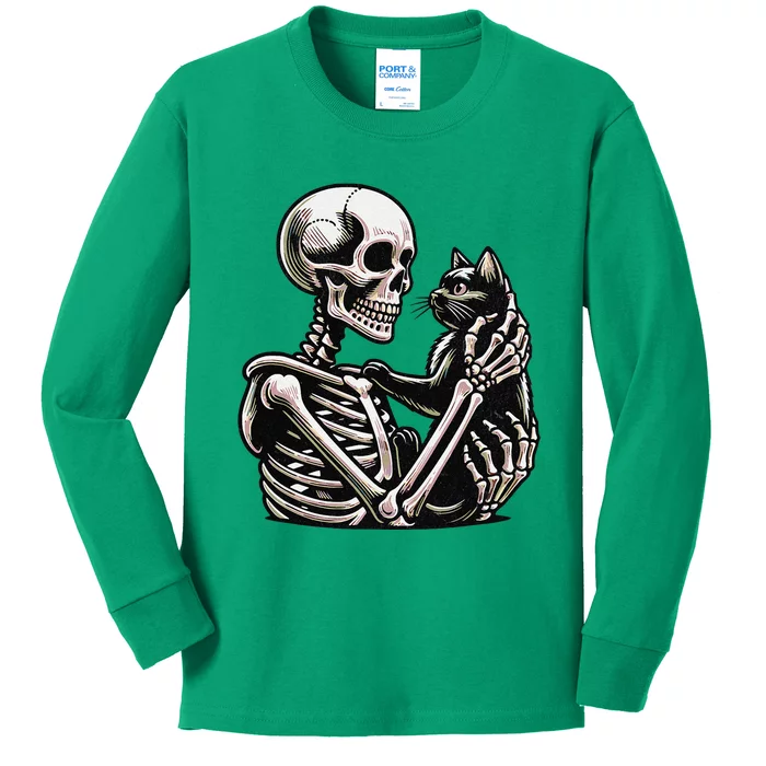 Funny Skeleton Playing With A Cat Graphic Skull Cat Kids Long Sleeve Shirt