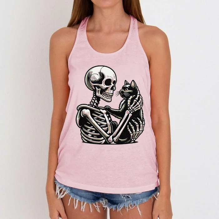 Funny Skeleton Playing With A Cat Graphic Skull Cat Women's Knotted Racerback Tank