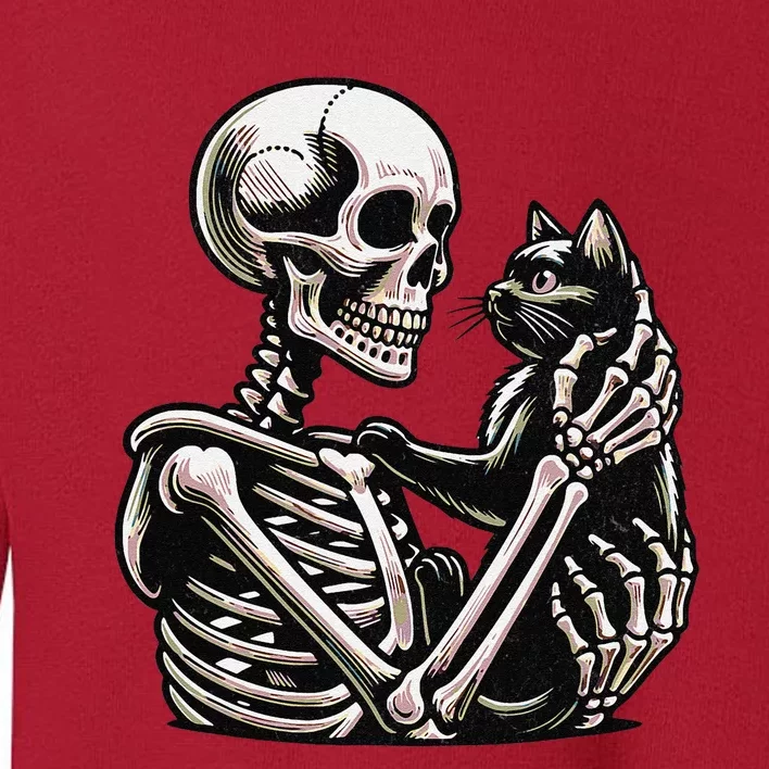 Funny Skeleton Playing With A Cat Graphic Skull Cat Toddler Sweatshirt