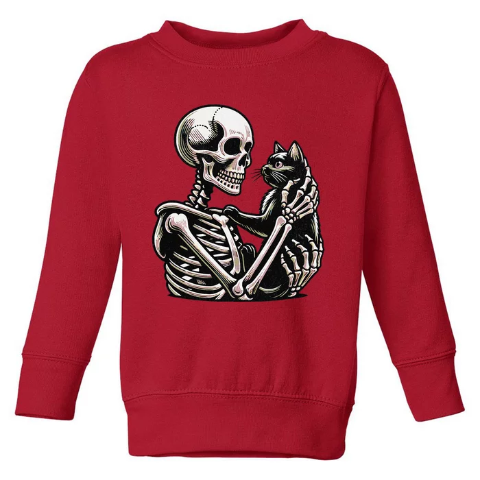 Funny Skeleton Playing With A Cat Graphic Skull Cat Toddler Sweatshirt