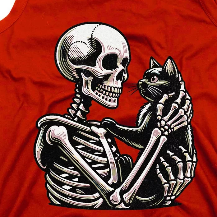 Funny Skeleton Playing With A Cat Graphic Skull Cat Tank Top