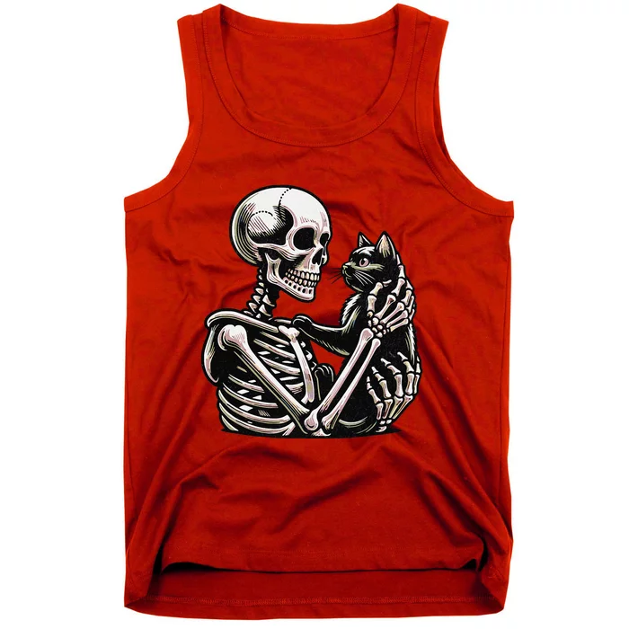 Funny Skeleton Playing With A Cat Graphic Skull Cat Tank Top