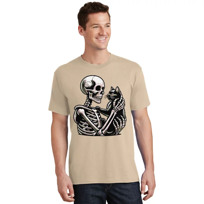 Funny Skeleton Playing With A Cat Graphic Skull Cat T-Shirt