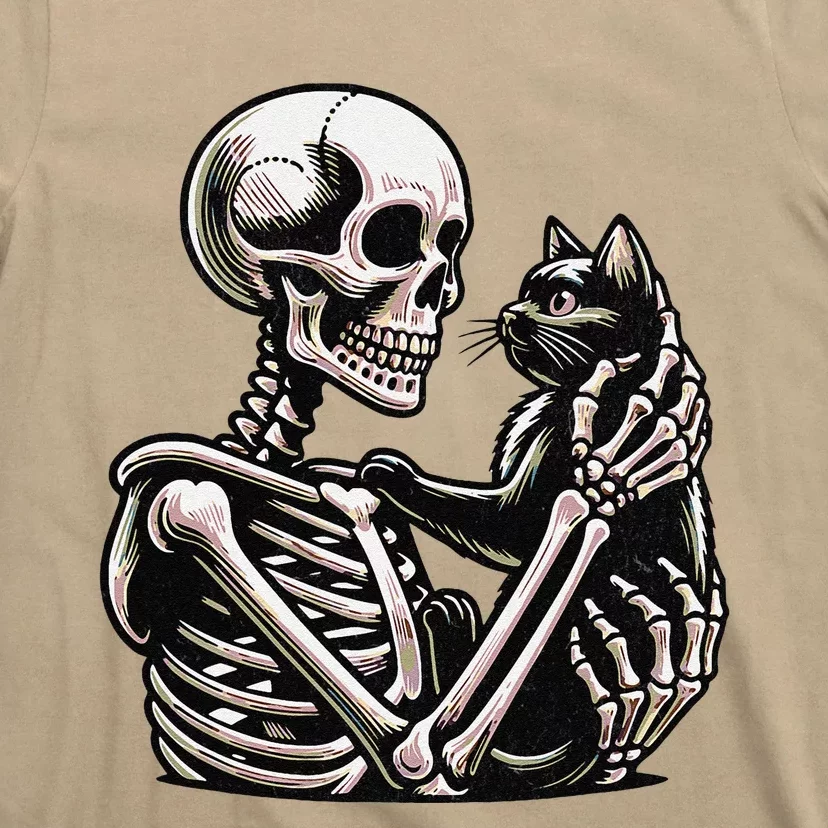 Funny Skeleton Playing With A Cat Graphic Skull Cat T-Shirt