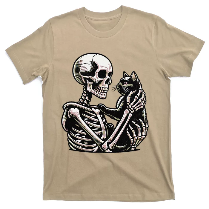 Funny Skeleton Playing With A Cat Graphic Skull Cat T-Shirt