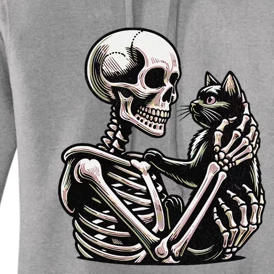 Funny Skeleton Playing With A Cat Graphic Skull Cat Women's Pullover Hoodie