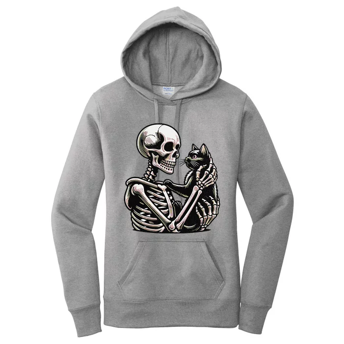 Funny Skeleton Playing With A Cat Graphic Skull Cat Women's Pullover Hoodie