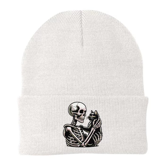 Funny Skeleton Playing With A Cat Graphic Skull Cat Knit Cap Winter Beanie