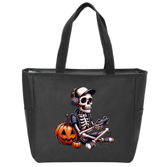 Funny Skeleton Playing Video Game Halloween Gamer Gift Zip Tote Bag