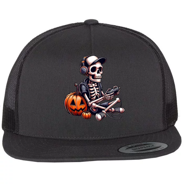 Funny Skeleton Playing Video Game Halloween Gamer Flat Bill Trucker Hat