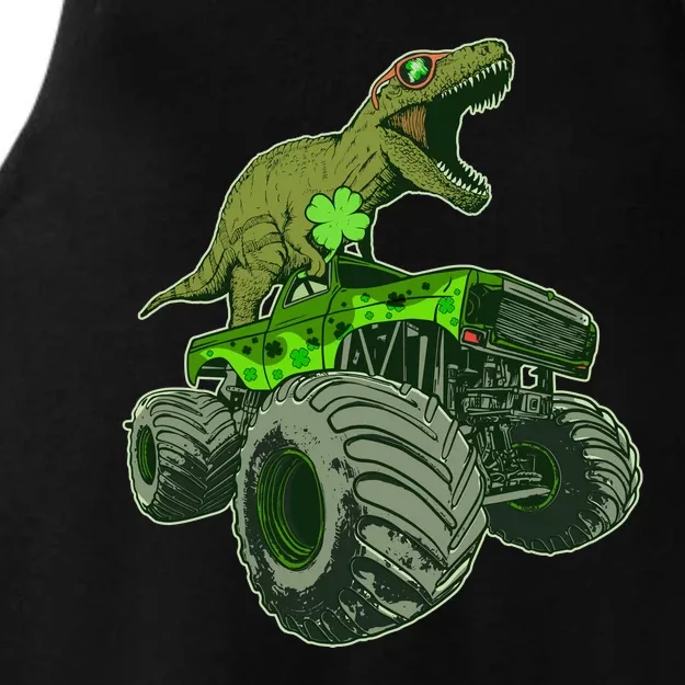 Funny St Patrick's Day Lucky Trex Dinosaur Riding Monster Truck Ladies Tri-Blend Wicking Tank