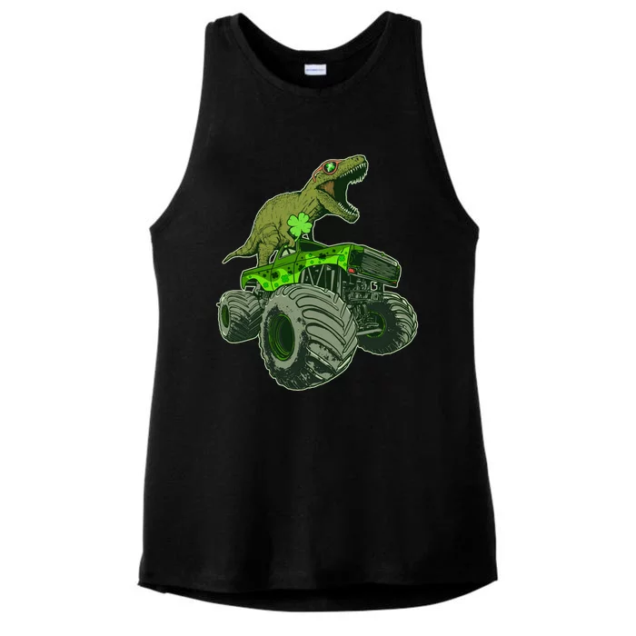 Funny St Patrick's Day Lucky Trex Dinosaur Riding Monster Truck Ladies Tri-Blend Wicking Tank