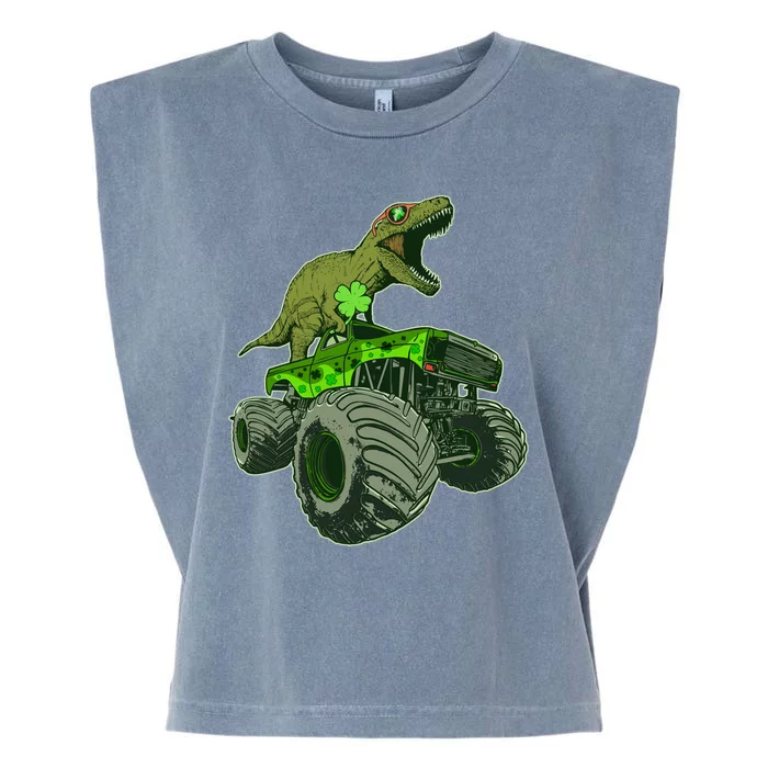 Funny St Patrick's Day Lucky Trex Dinosaur Riding Monster Truck Garment-Dyed Women's Muscle Tee