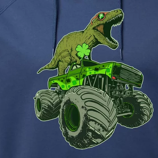 Funny St Patrick's Day Lucky Trex Dinosaur Riding Monster Truck Performance Fleece Hoodie